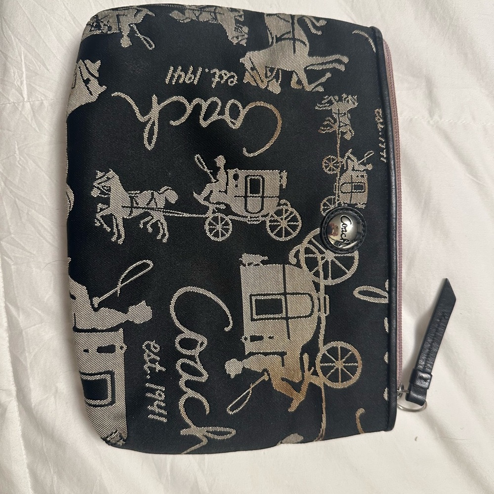 Coach Black Canvas Carriage Print Pouch with Silver Accents